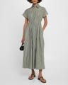 striped short-sleeve pleated midi shirtdress