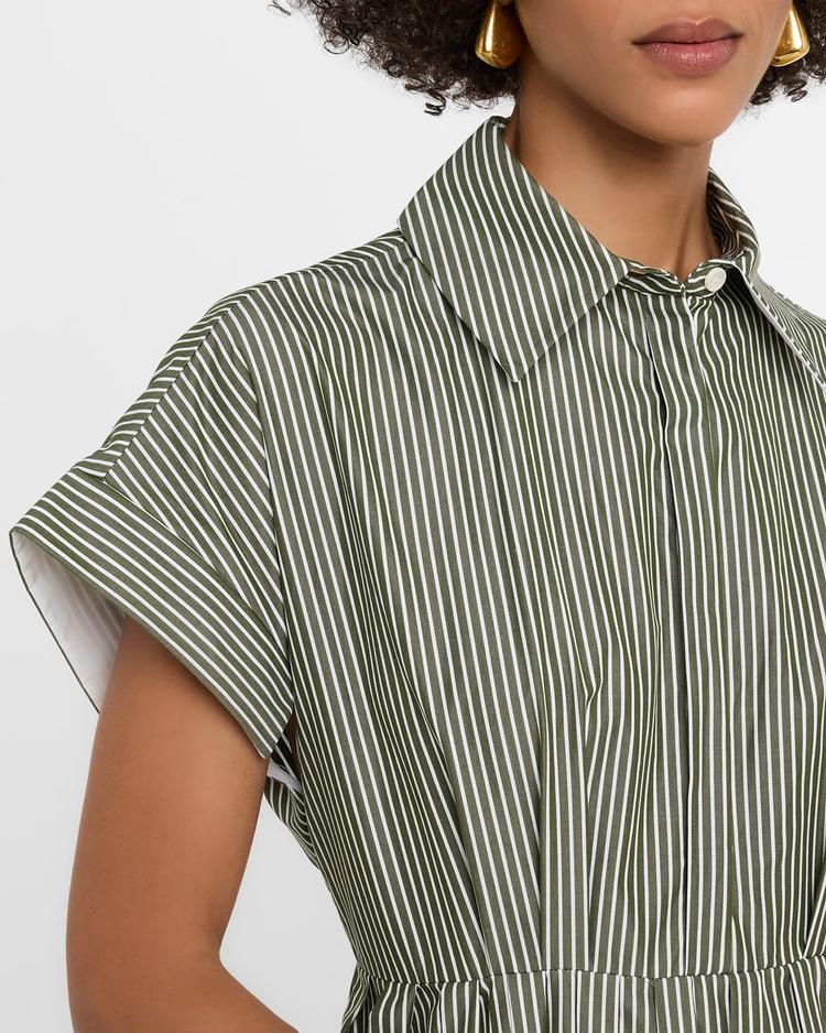 striped short-sleeve pleated midi shirtdress