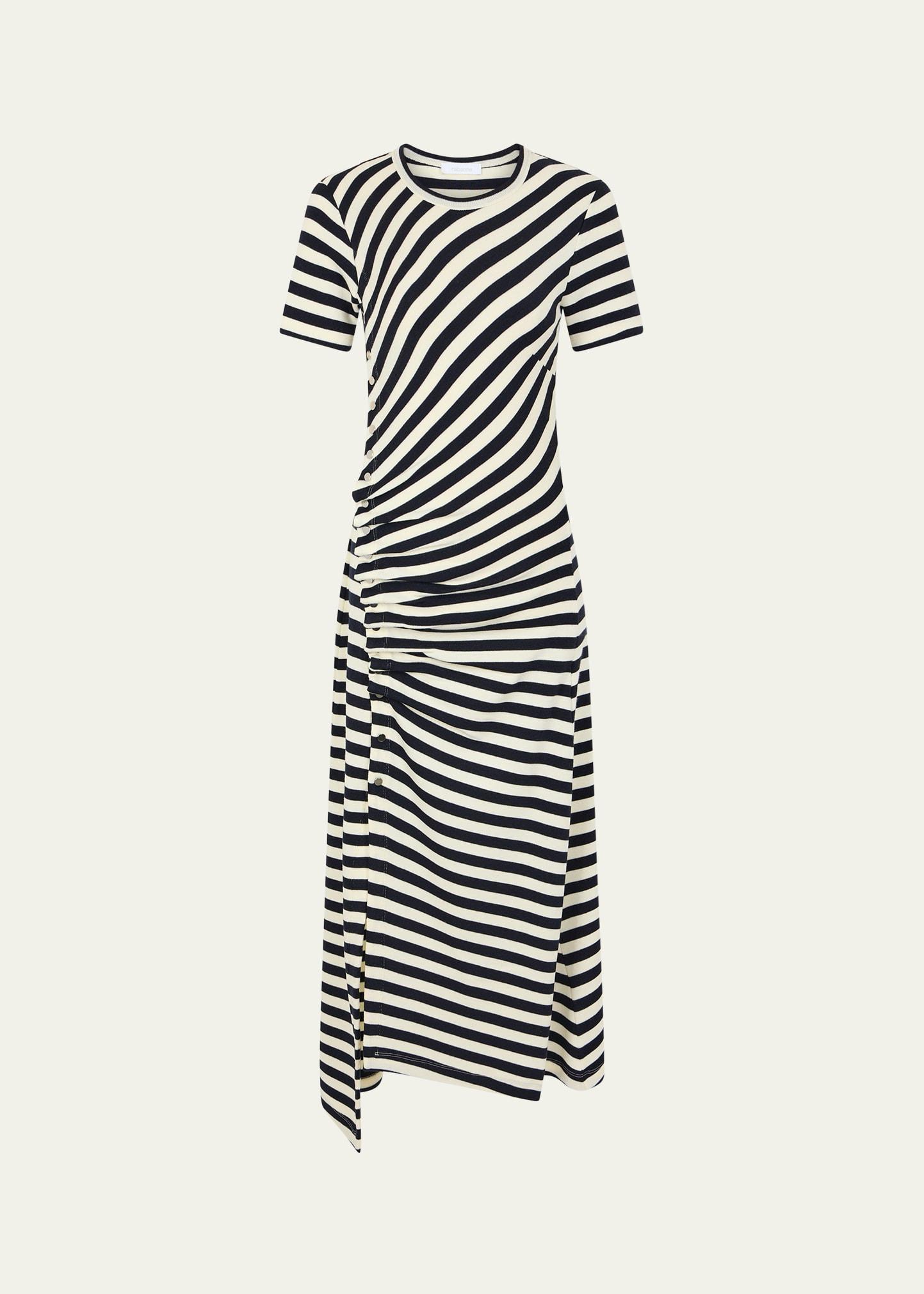 striped short-sleeve ruched midi t-shirt dress
