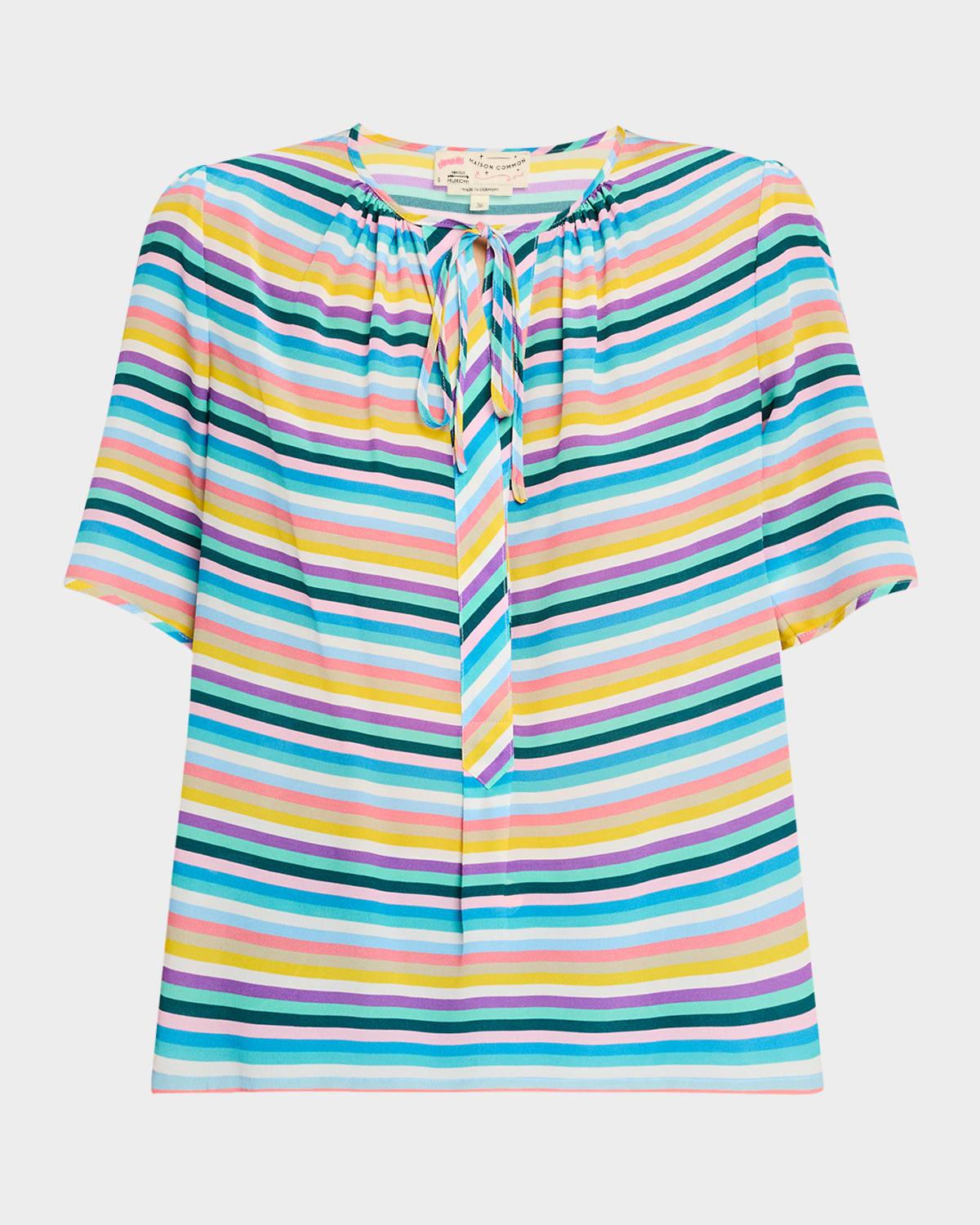 striped short-sleeve tie-front silk blouse