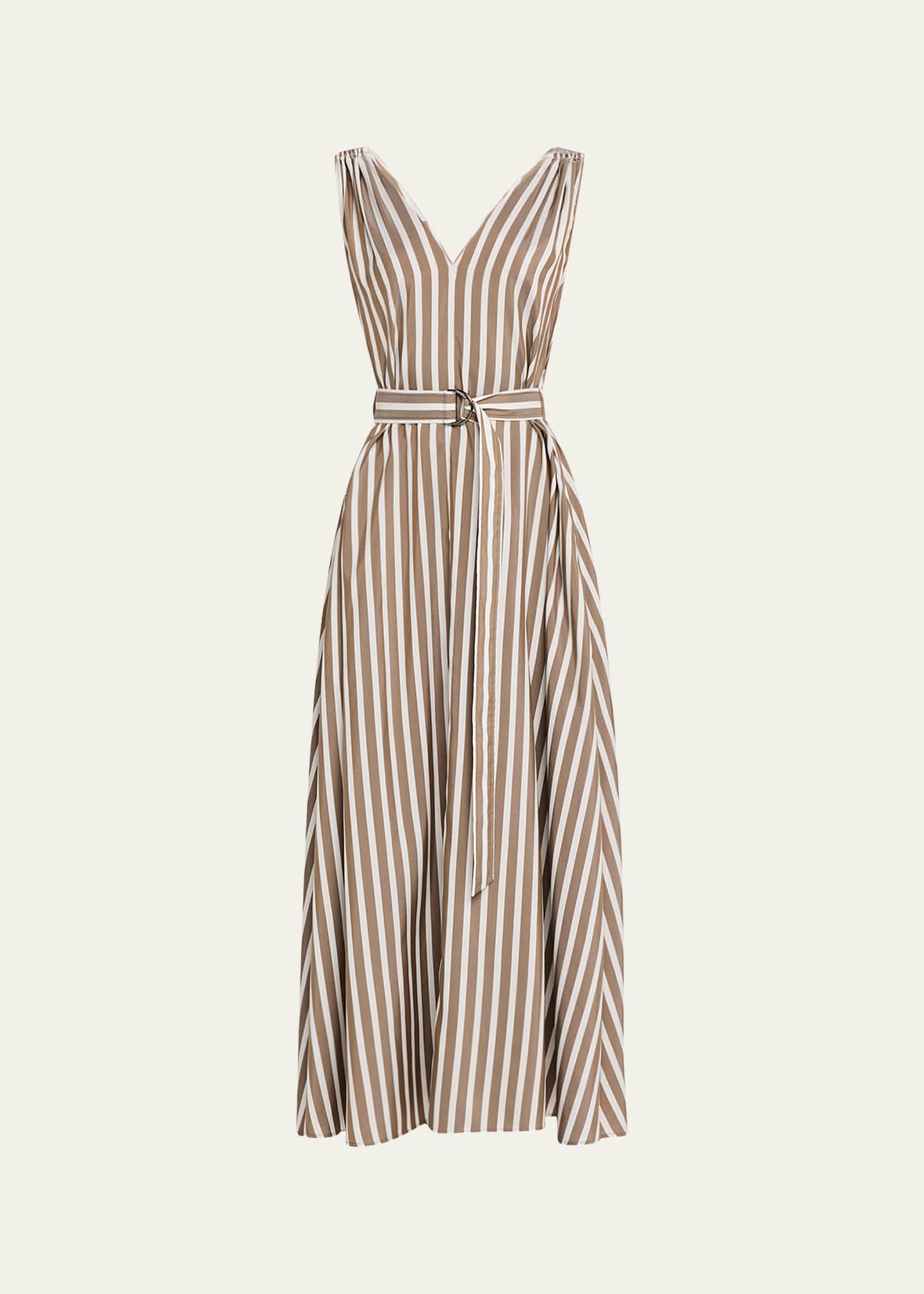 striped sleeveless monili-shoulder belted midi dress