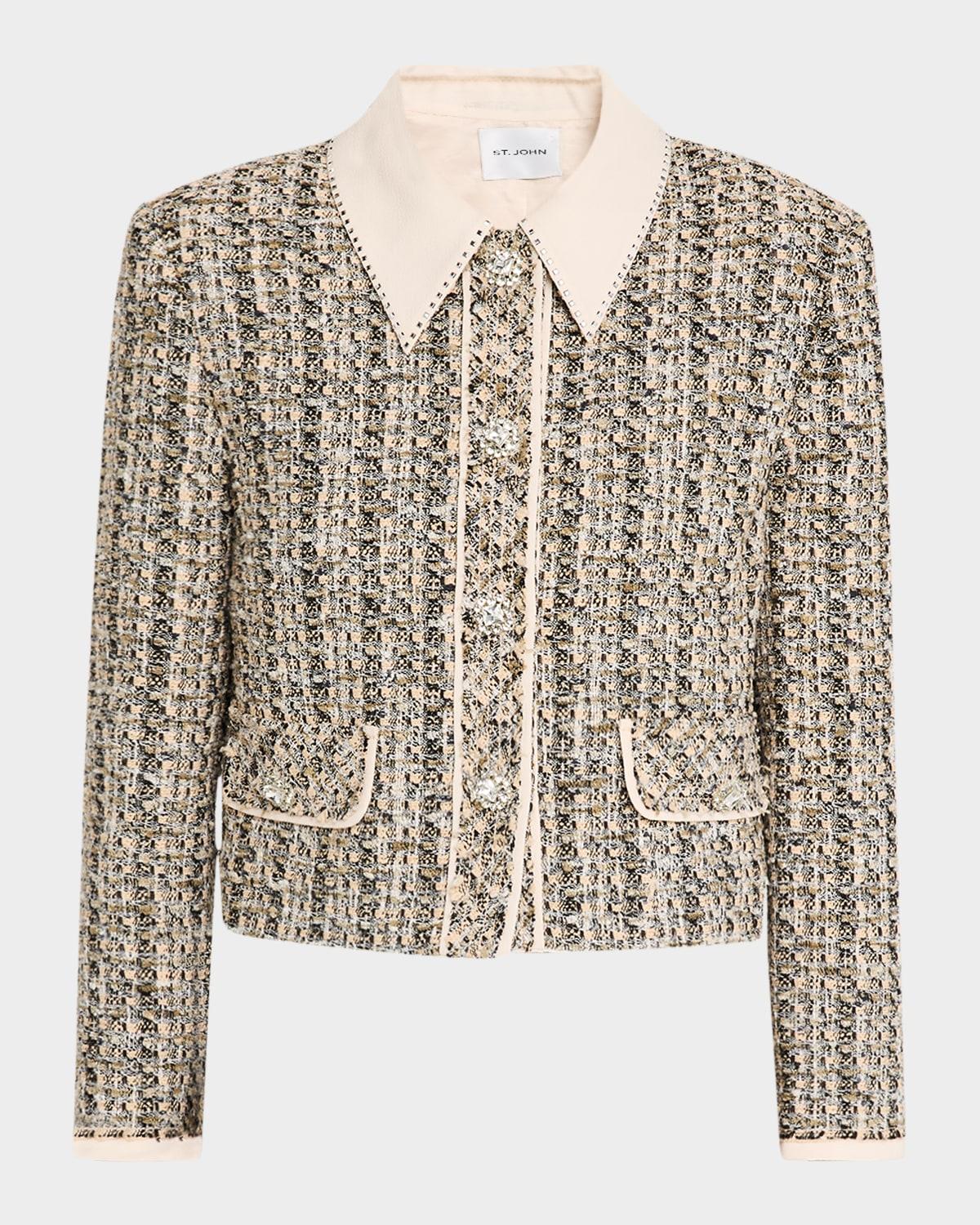 stud-collar metallic tweed collage jacket