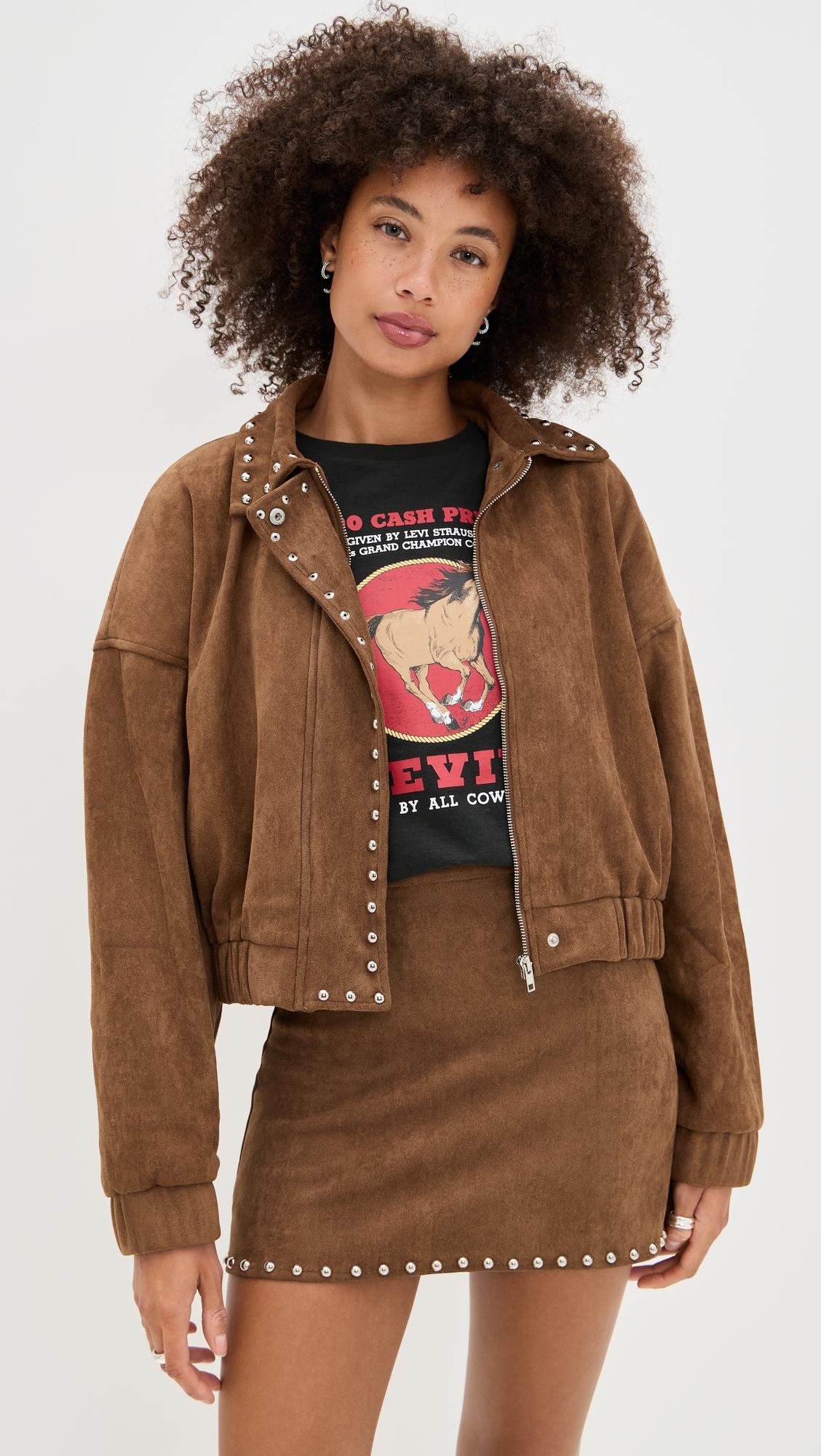 stud detail zipper front faux suede jacket