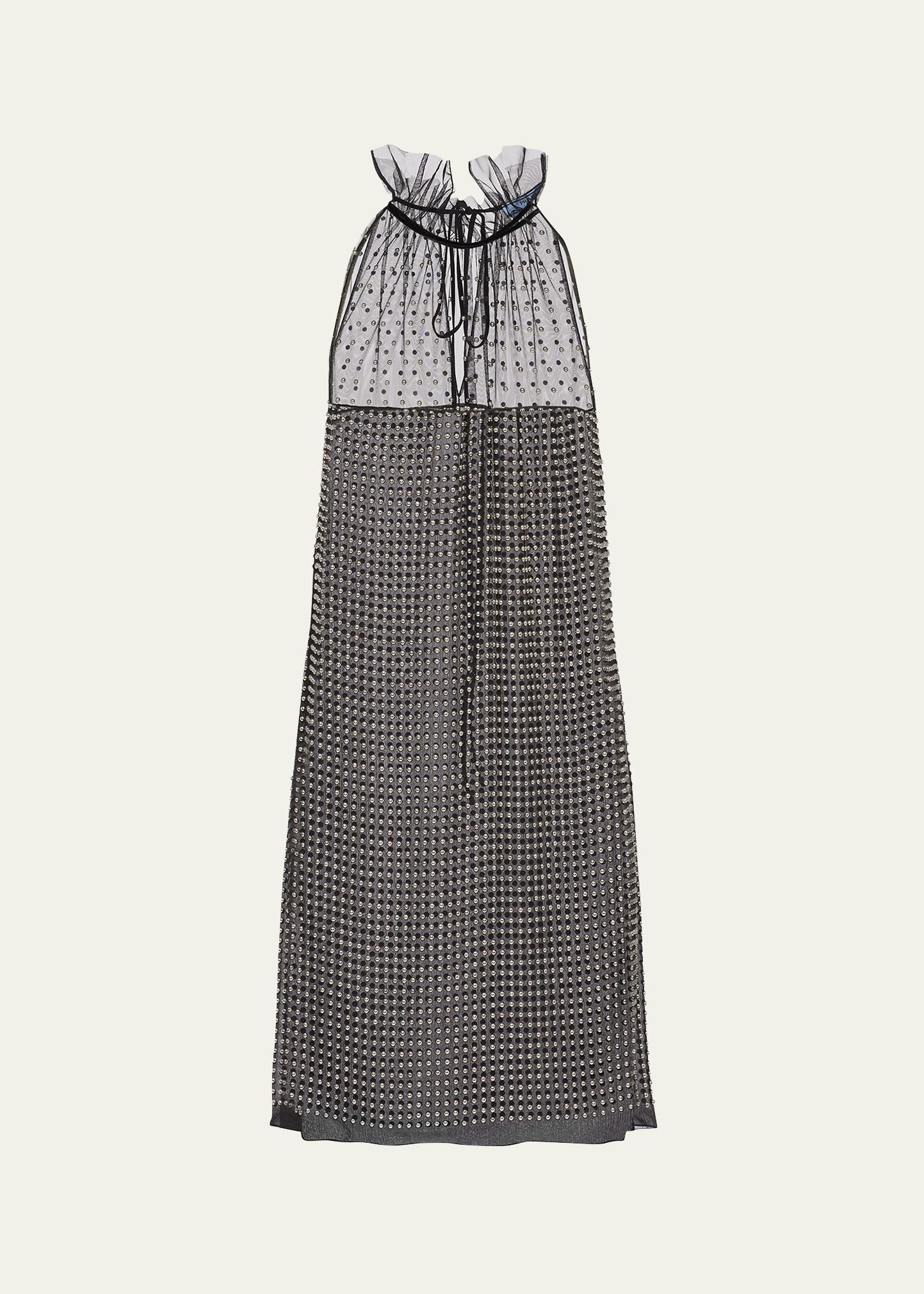 studded chiffon ruffle-neck mini dress
