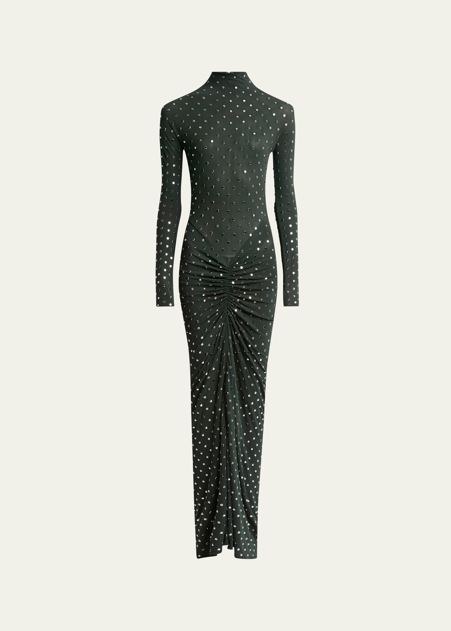 studded long-sleeve draped sheer maxi dress