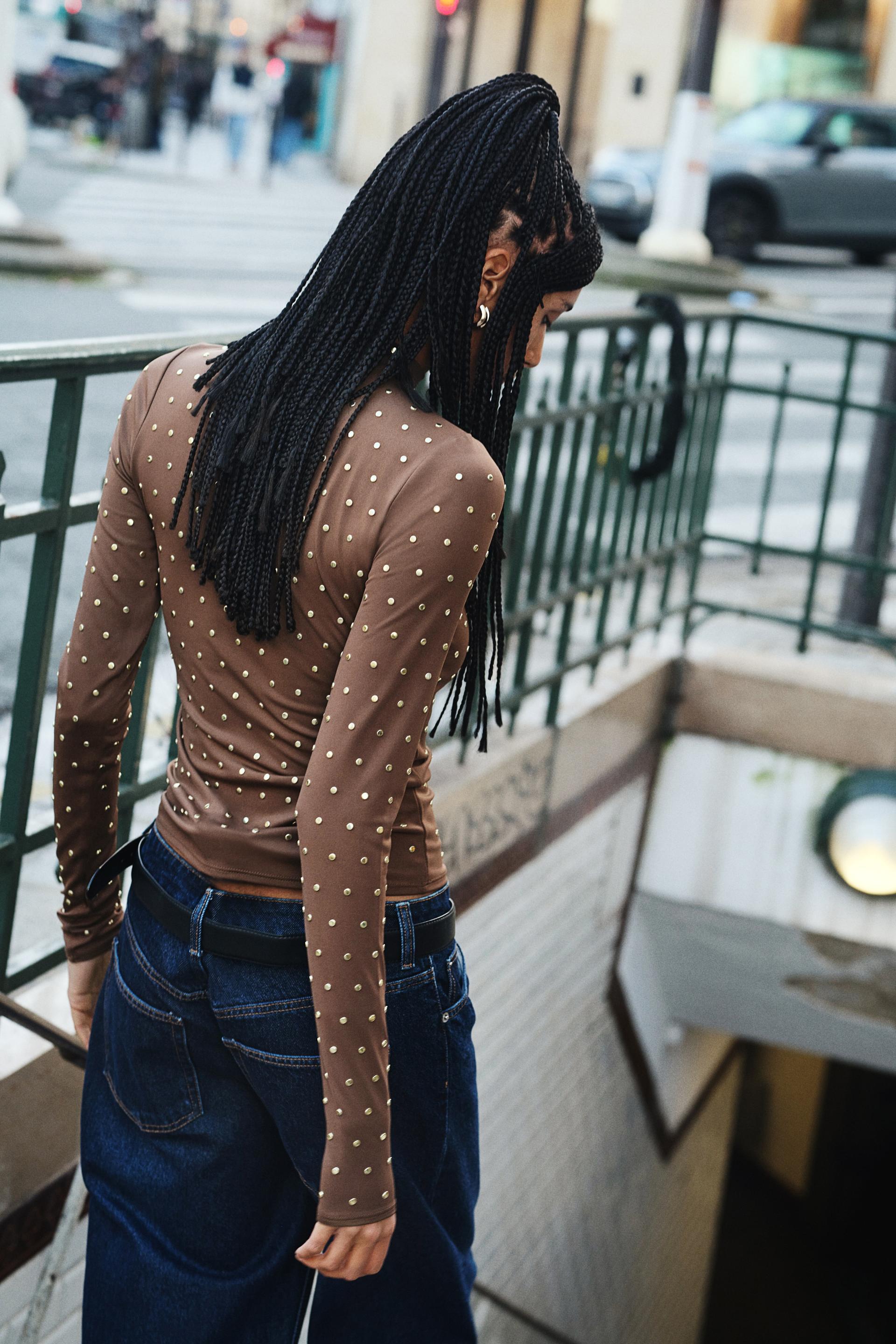 studded mock turtleneck top