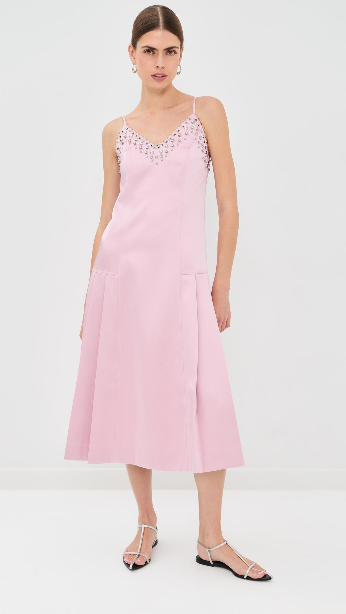 studded structured satin pleated cami midi dress