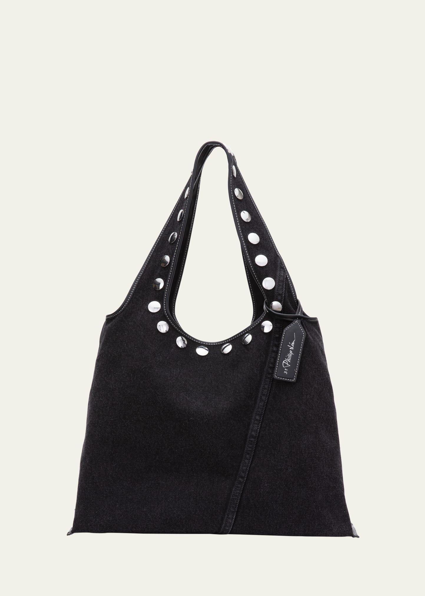 studded washed denim market tote bag