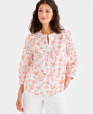 style co womens cotton button front 3 4 sleeve top macys exclusive