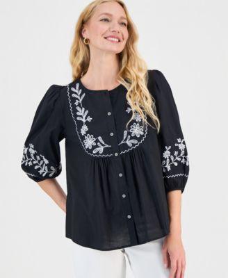 style co womens cotton embroidered button blouse macys exclusive
