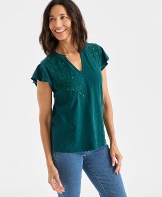 style co womens cotton embroidered flutter sleeve knit top macys exclusive