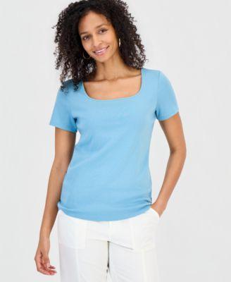 style co womens cotton square neck short sleeve t shirt pxs xxl exclusively at macys