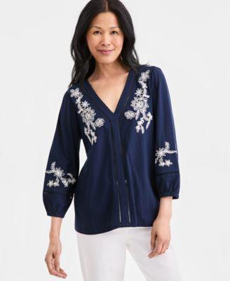 style co womens embroidered v neck 3 4 sleeve top macys exclusive