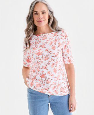 style co womens printed boat neck elbow sleeve top macys exclusive