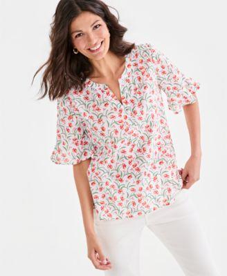 style co womens printed cotton split neck popover top macys exclusive
