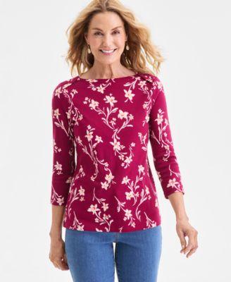 style co womens printed pima cotton 3 4 sleeve boat neck top macys exclusive