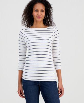 style co womens printed pima cotton 3 4 sleeve boat neck top macys exclusive