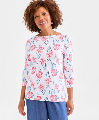style co womens printed pima cotton 3 4 sleeve boatneck top macys exclusive