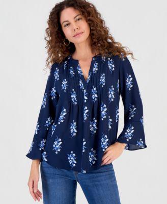 style co womens printed pintuck ruffle sleeve top macys exclusive