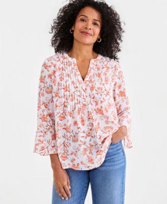 style co womens printed pintuck ruffle sleeve top macys exclusive