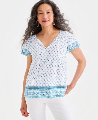 style co womens printed split neck flutter sleeve top macys exclusive