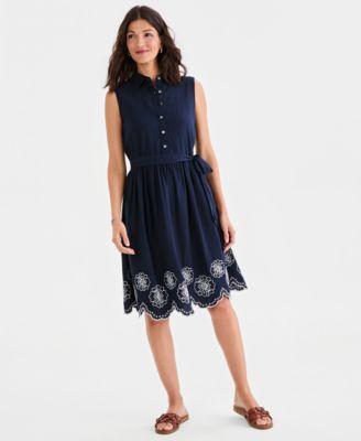 style co womens sleeveless embroidered hem shirtdress macys exclusive