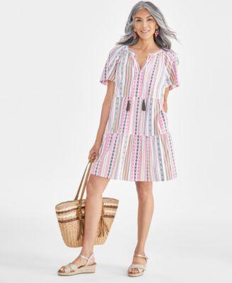 style co womens stripe split neck tiered dress espadrille wedge sandals straw tote created for macys
