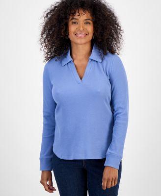 style co womens waffle knit long sleeve polo top macys exclusive
