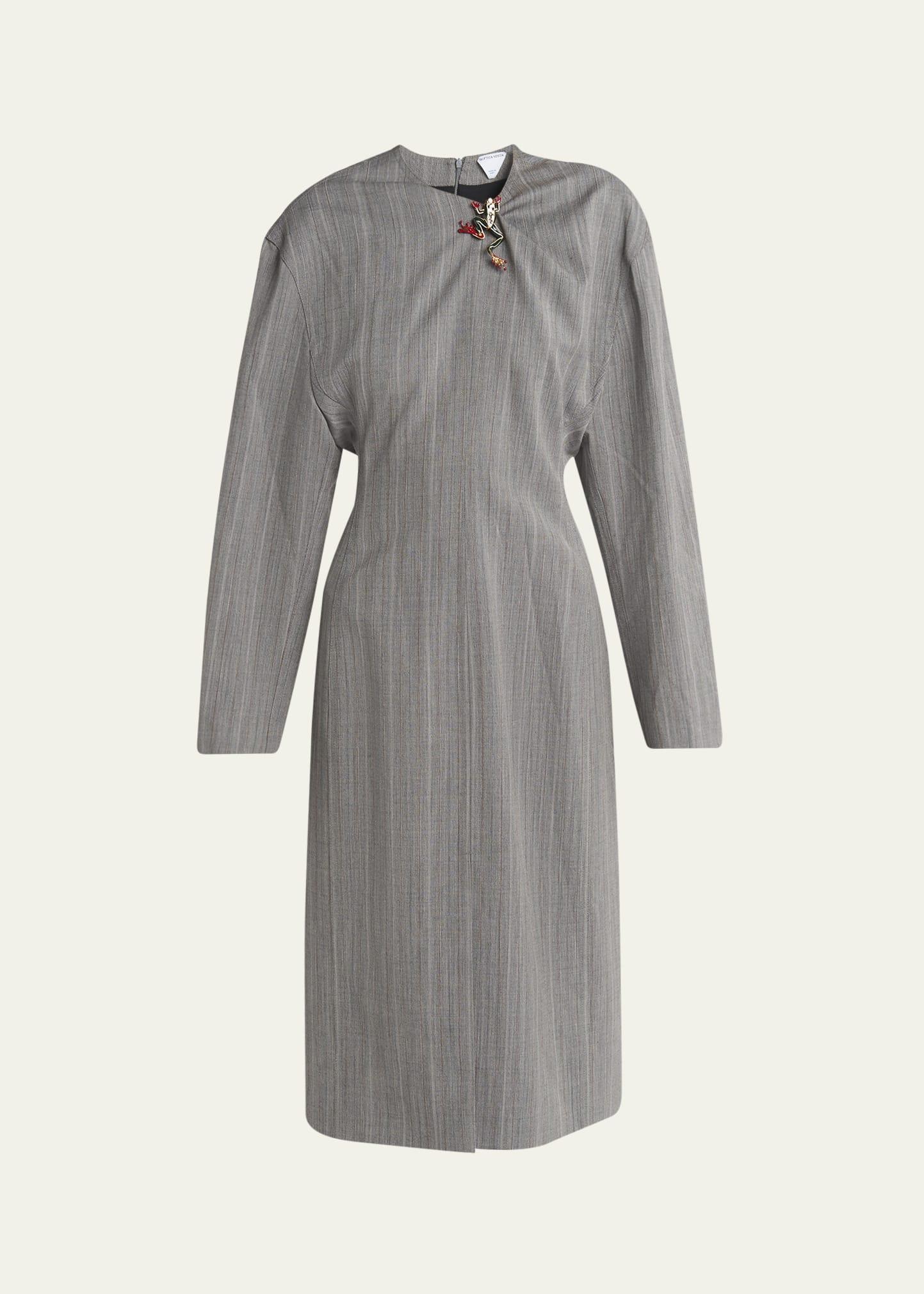 subtle stripe melange wool dress with frog brooch