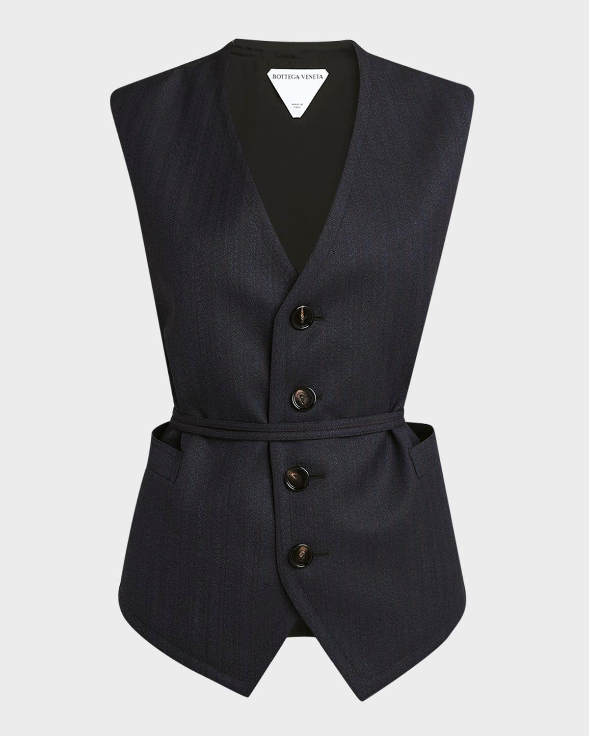 subtle striped wool gilet with tie waist
