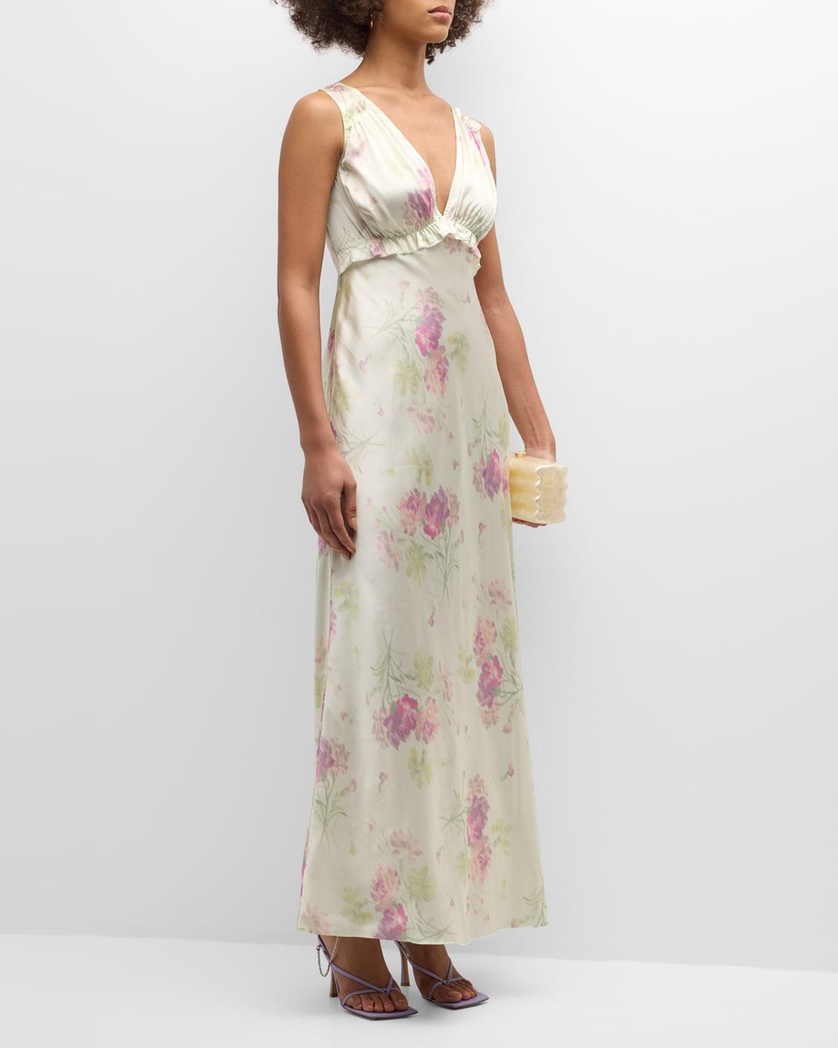 suniva sleeveless floral silk v-neck midi dress