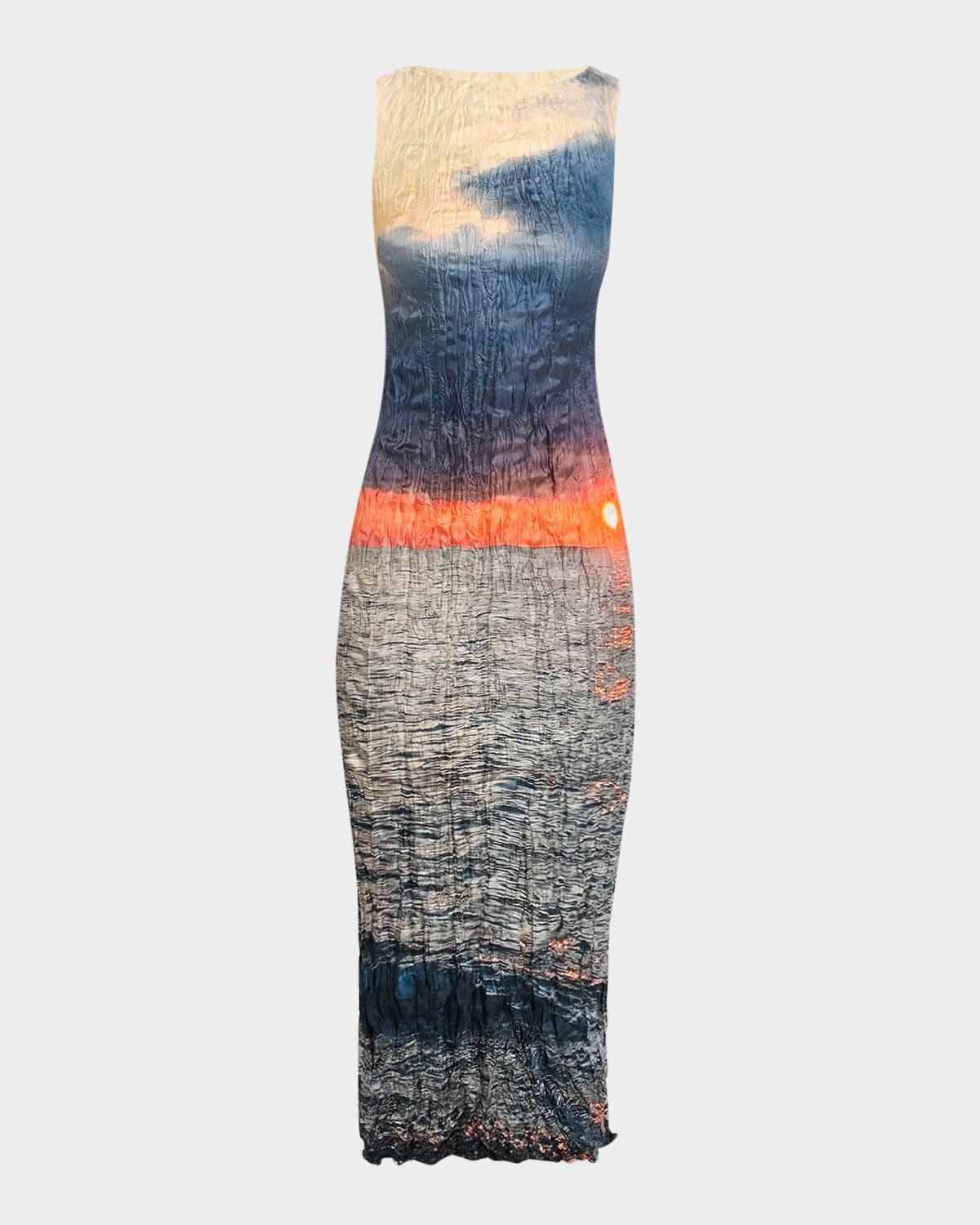 sunrise-print pleated silk midi dress
