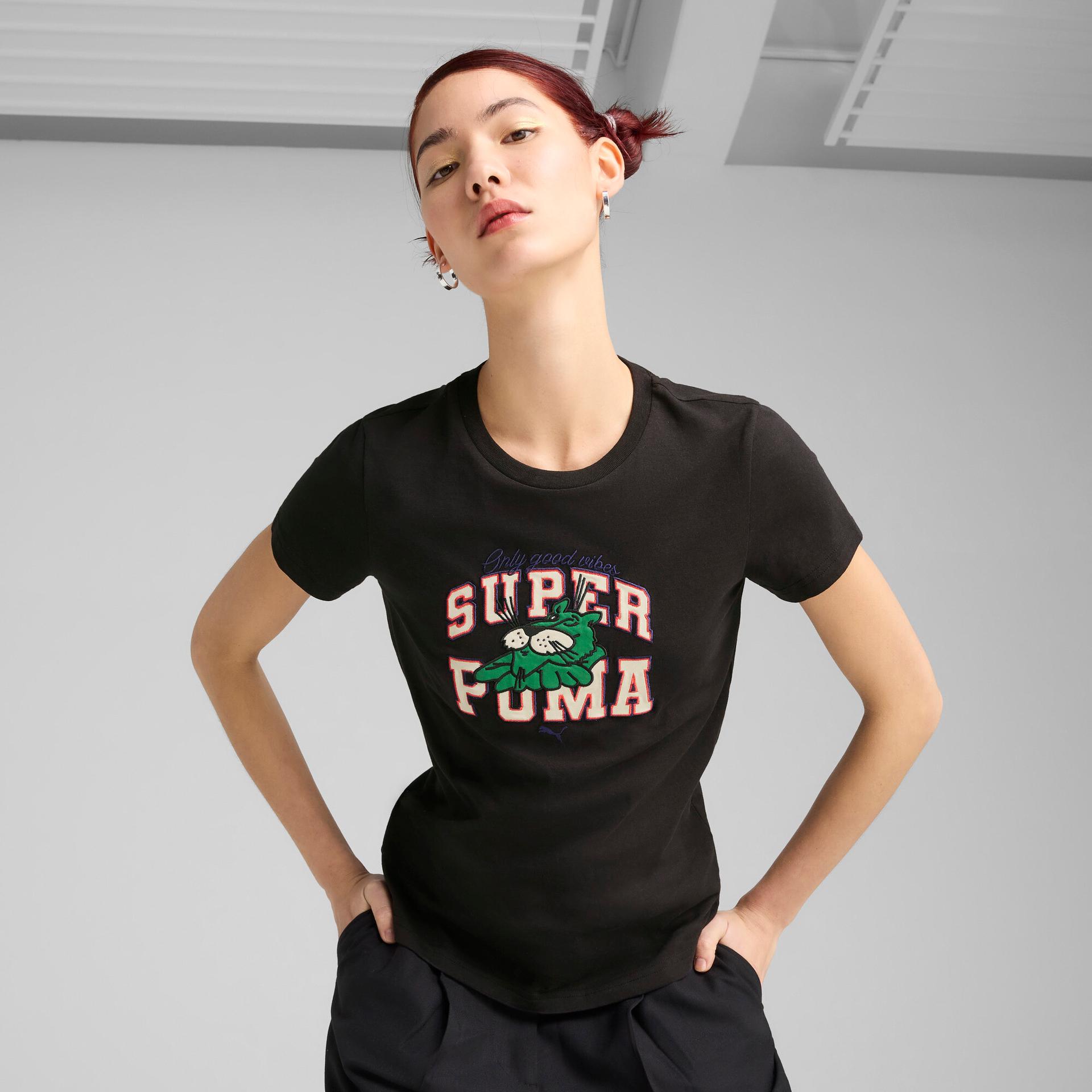 super puma graphics women's t-shirt in black, size s