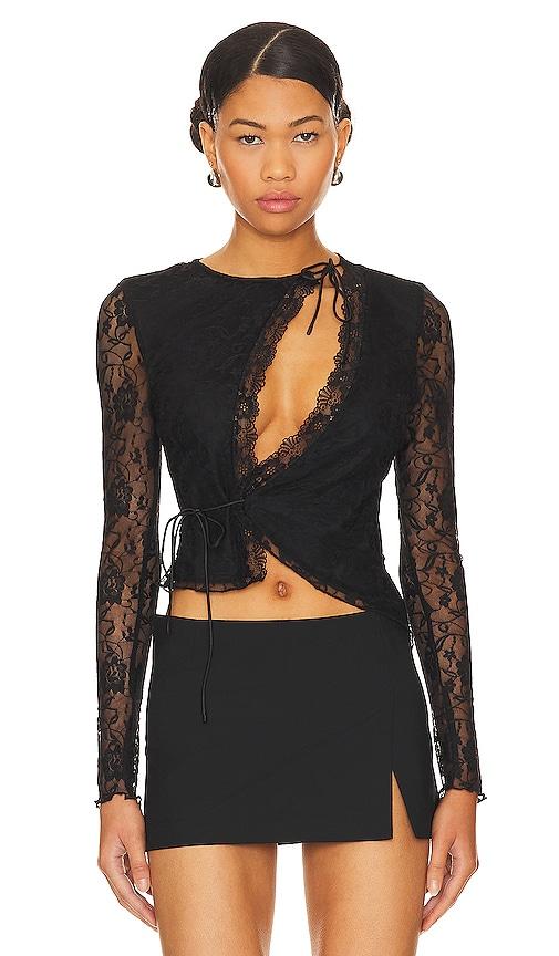 superdown anahi wrap lace top in black.