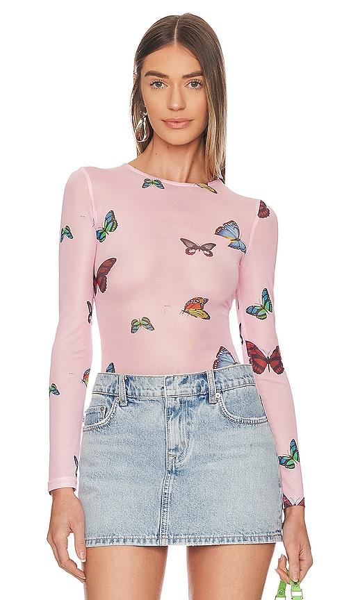 superdown ari butterfly mesh top in pink.