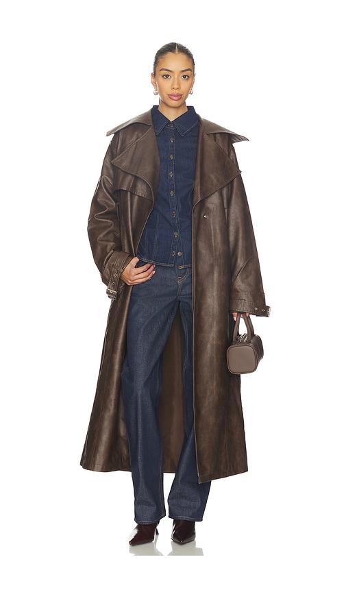 superdown astra faux leather trench in brown.