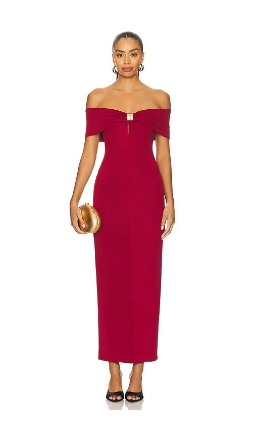 superdown blake off shoulder gown in burgundy.