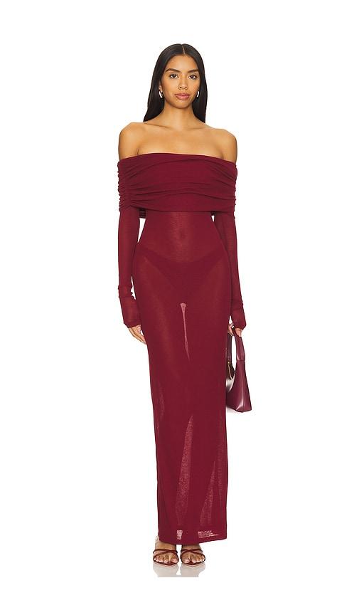superdown chantal sheer gown in burgundy.