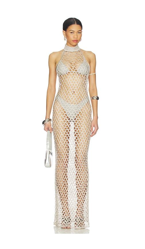 superdown chenoa knit maxi in metallic silver.