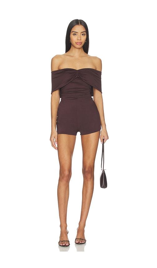 superdown cher off shoulder romper in brown.