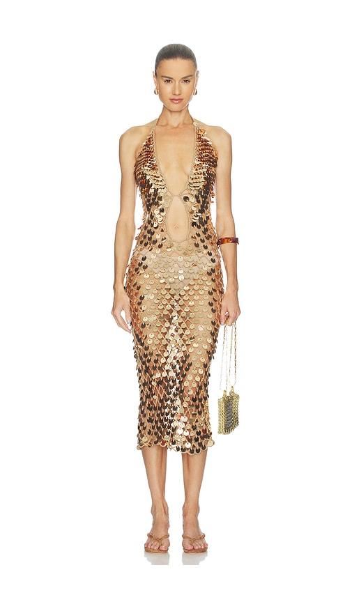 superdown declan crochet midi dress in metallic gold.
