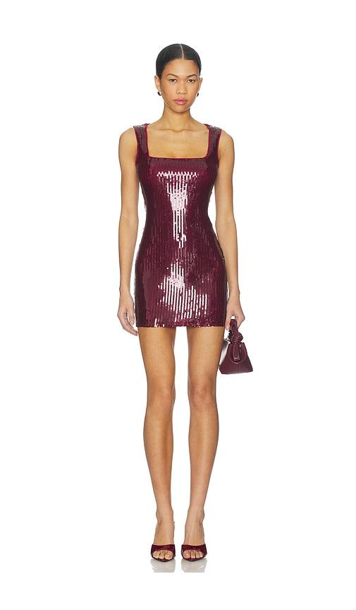 superdown delia mini dress in burgundy.