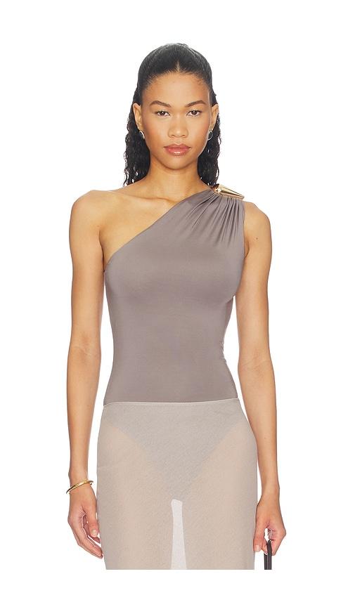 superdown emely one shoulder bodysuit in grey.