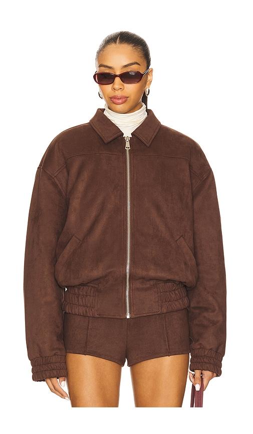 superdown jessica faux suede bomber in brown.