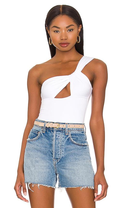 superdown jimena one shoulder bodysuit in white.