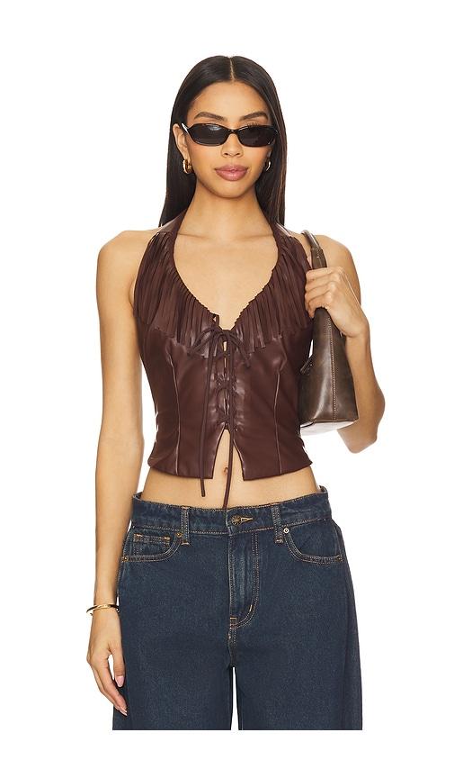 superdown kay faux leather top in chocolate.