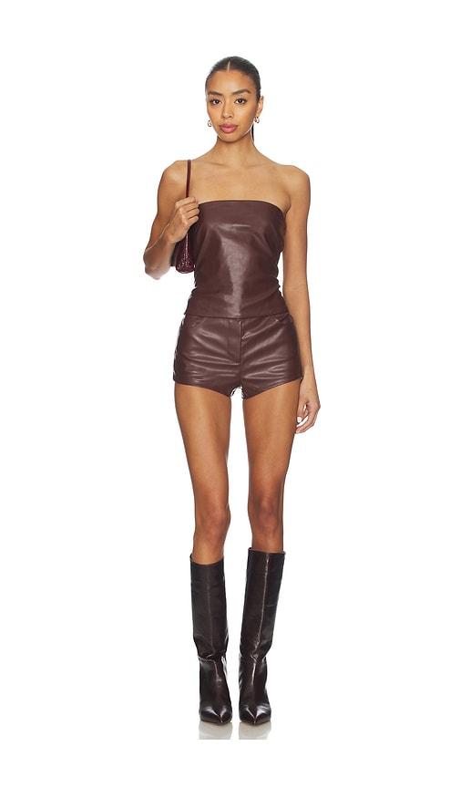 superdown kayla faux leather short set in brown.