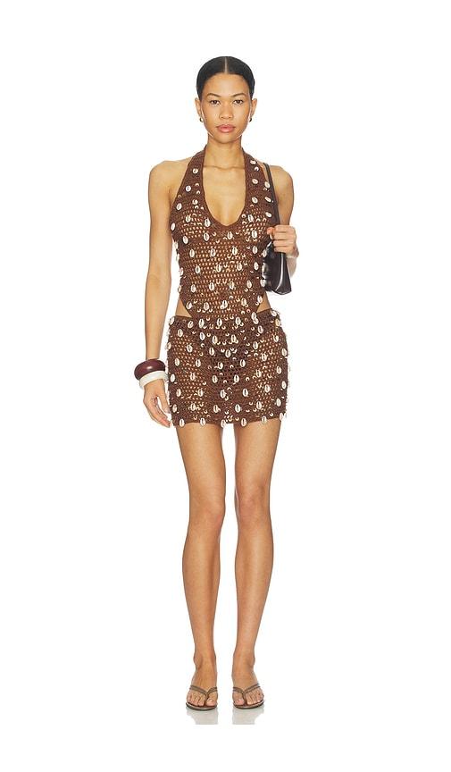 superdown kimmie crochet mini skirt set in brown.