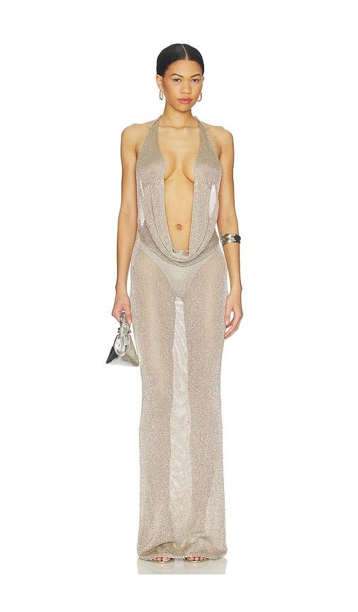 superdown kinny halter maxi dress in metallic silver.