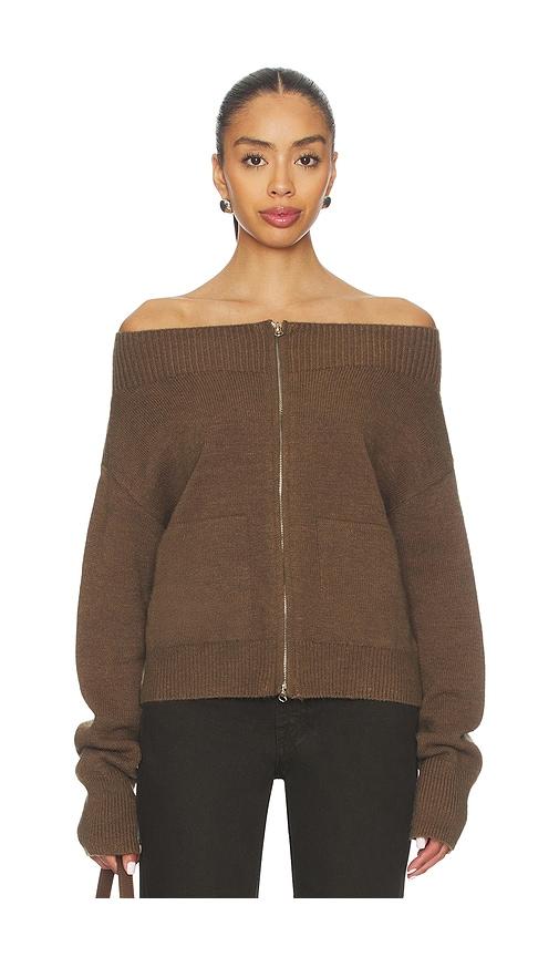 superdown lena off shoulder sweater in brown.